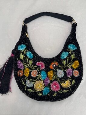 Studio 12 Black Beaded Floral Velvet Shoulder Bag Tassel Y2K